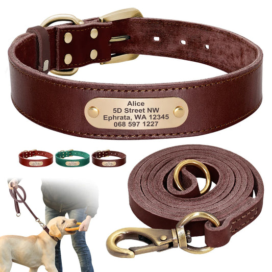 StellaBarks Premium Leather Dog Collar and Leash Set with Personalized Engraving